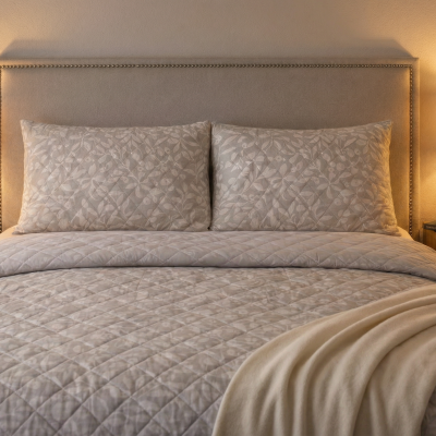 Cama estofada com roupa de cama floral, mesas de cabeceira com abajures e decoração