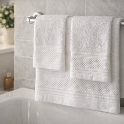 Toalhas de banho brancas com padrão geométrico penduradas num suporte metálico numa casa de banho cinzenta