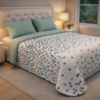 Quarto com cama com edredão floral e lençóis verde-azulados, cabeceira bege e mesas de cabeceira com candeeiros.