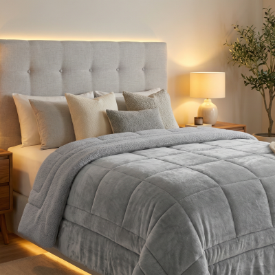 Quarto com cama estofada, roupa de cama cinza e creme, mesas de cabeceira em madeira com candeeiros e planta verde