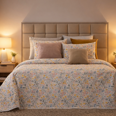 Cama com roupa de cama floral e almofadas decorativas num quarto iluminado com mesas de cabeceira e candeeiros.