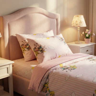 Cama individual com roupa de cama cor-de-rosa com desenhos de personagens de desenho animado e duas mesas de cabeceira com candeeiros