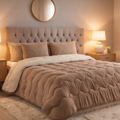 Quarto com cama estofada bege, edredão castanho, mesas de cabeceira de madeira, candeeiros brancos e tapete bege