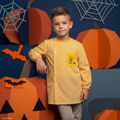 Camisola infantil amarela xadrez com bolso bordado e decoração de Halloween ao fundo