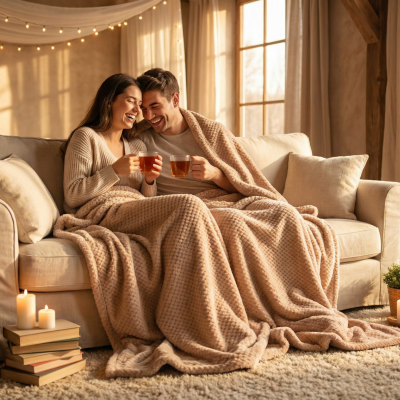 Casal no sofá com mantas felpudas, chá, velas e plantas num ambiente acolhedor
