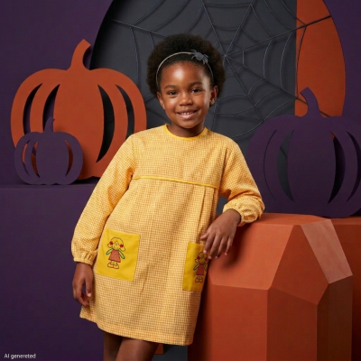 Menina com vestido amarelo de quadrículas com bolsos bordados, junto a decorações de abóboras e teia de aranha no fundo.