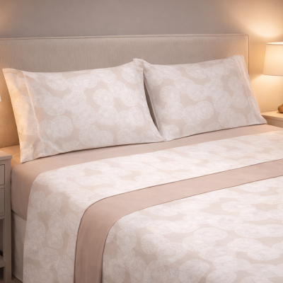 Conjunto de roupa de cama bege com padrão floral branco num quarto arrumado.