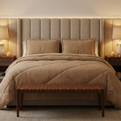 Cama com cabeceira estofada beige, colcha e almofadas castanho claro, mesas de cabeceira em madeira com candeeiros cerâmicos, banco em pele trançada castanho