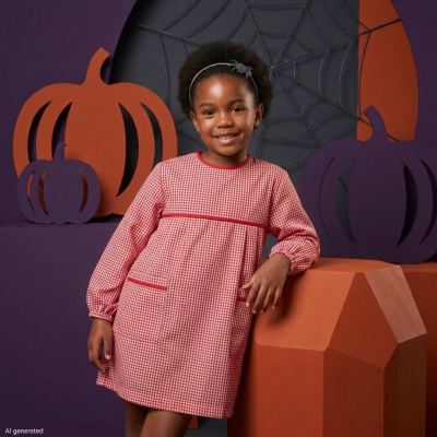 Menina com vestido vermelho e branco de padrão vichy, usando faixa de cabelo com aranha, em cenário com abóboras decorativas e teia de aranha.