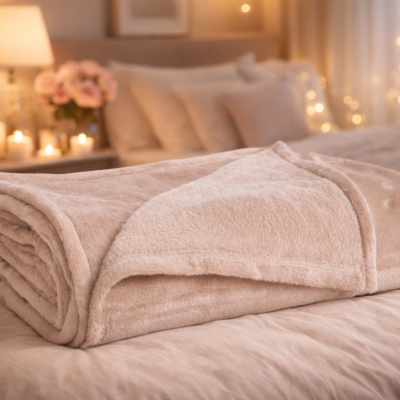 Manta felpuda bege clara dobrada sobre cama com almofadas e decoração suave