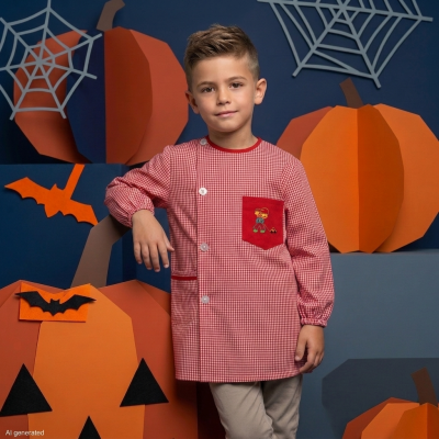 Camisola infantil xadrez vermelho e branco com bolso vermelho e botão, cenário Halloween com abóboras e morcegos