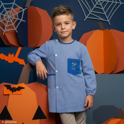 Menino com bata azul xadrez com bolso azul e padrões bordados, junto a decorações de abóboras e teias de aranha