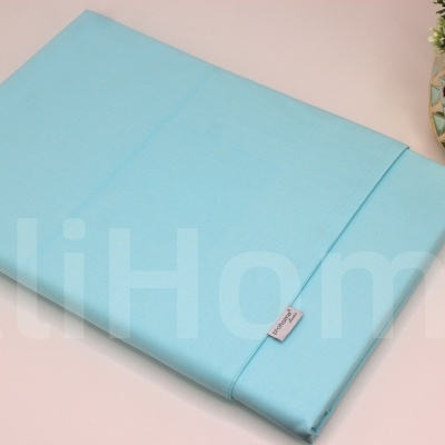 Lençol azul claro dobrado com etiqueta e planta decorativa ao lado