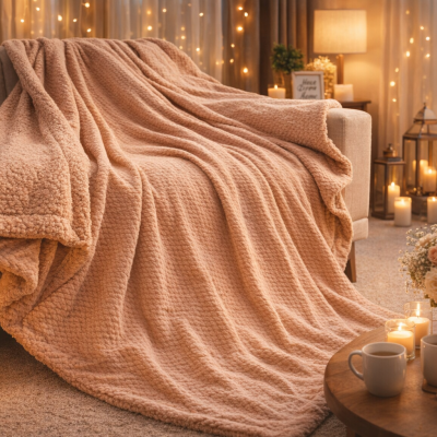 Manta felpuda salmão no sofá com velas e flores à volta