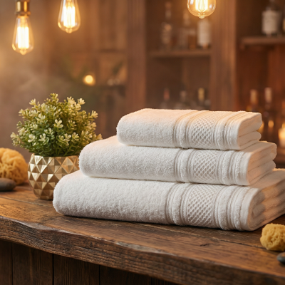 Conjunto de toalhas brancas empilhadas num ambiente rústico com velas e plantas.