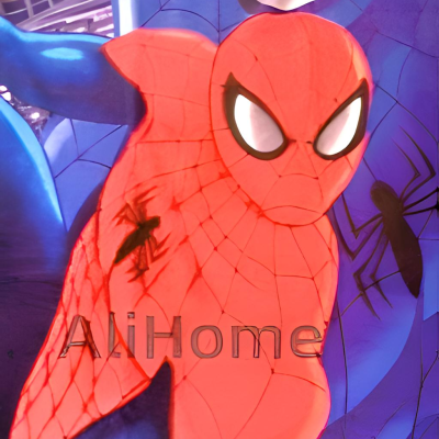 Máscaras do Homem-Aranha vermelha e azul com texto AliHome