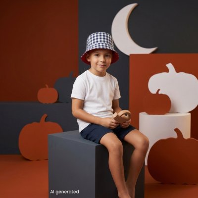 Criança com chapéu azul e branco e roupa casual sentada num banco cinzento com decoração de abóboras e lua ao fundo