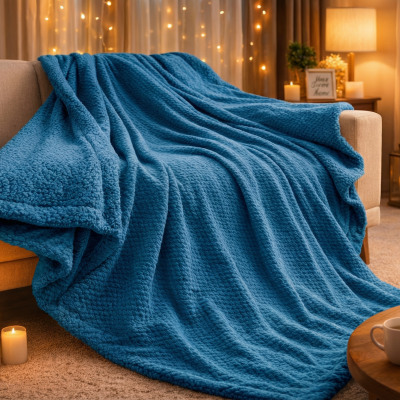 Manta azul felpuda em sofá bege com velas acesas e flores ao redor