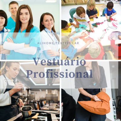 Colagem de imagens com profissionais em diferentes ambientes e texto sobreposto sobre vestuário profissional