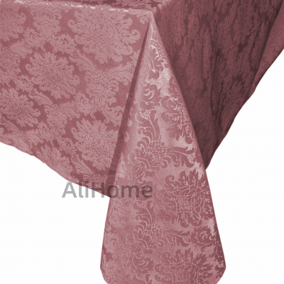 Toalha de mesa rosa escuro com padrão floral em relevo e texto 'AliHome'