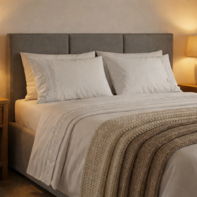 Quarto com cama estofada, roupa de cama branca com renda, manta tricotada e mesas de madeira com lâmpadas