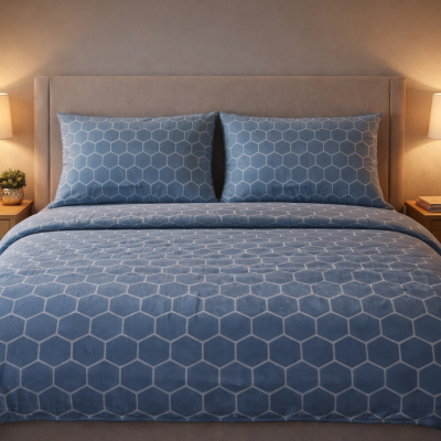Cama arrumada com edredão azul e padrão hexagonal, cabeceira bege e mesinhas de cabeceira com lâmpadas e plantas.