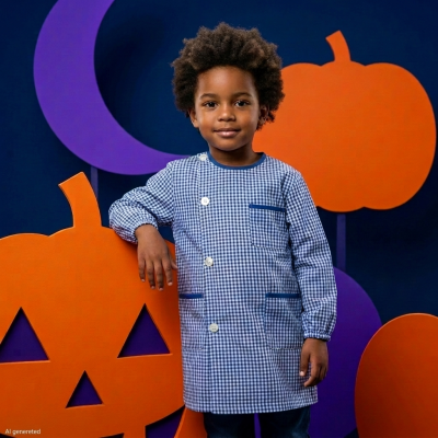 Camisola infantil azul e branca em padrão vichy com botões, criança ao lado de abóboras de Halloween laranja e lua roxa em fundo azul.