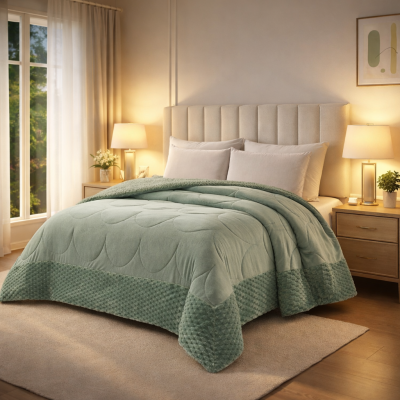 Edredão verde claro com padrão matelassê e acabamento texturizado em cama