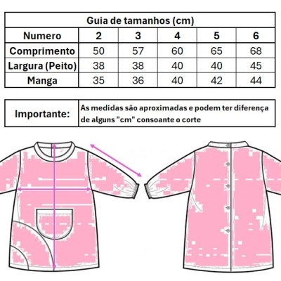 Guia de tamanhos para roupa rosa mostrando medidas em cm para números 2 a 6