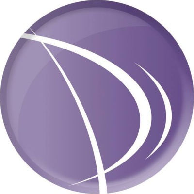 Logótipo circular roxo com arcos brancos curvos