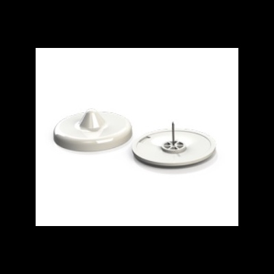 Dois suportes brancos redondos, um com pino metálico, outro com elevação cónica de plástico