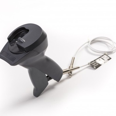 Termómetro digital com cabo em aço inoxidável e pega cinza