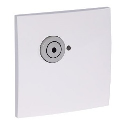 Painel quadrado branco com entrada redonda metálica e pequeno orifício