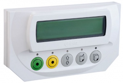 Dispositivo eletrónico branco com ecrã verde e cinco botões coloridos na frente