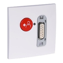 Tomada de alarme de emergência com botão vermelho e conector em placa branca