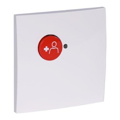 Painel branco com botão vermelho e ícone de pessoa com cruz branca