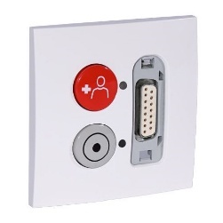 Toma de parede branca com botão vermelho, tomada redonda e conector retangular