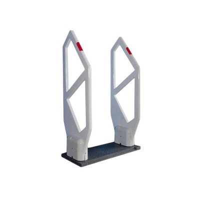 Barreira de segurança metálica branca com detalhes vermelhos e base preta