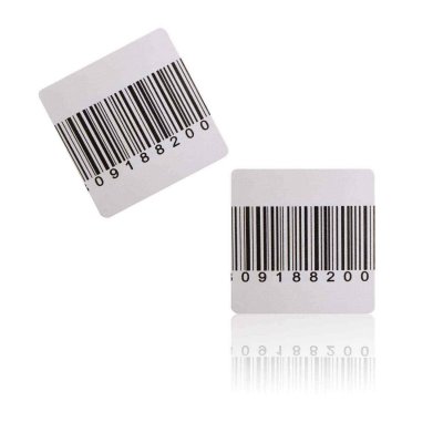 Etiqueta branca quadrada com código de barras preto e números 09188200