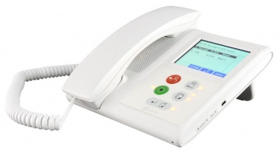 Telefone fixo branco com visor digital e botões coloridos