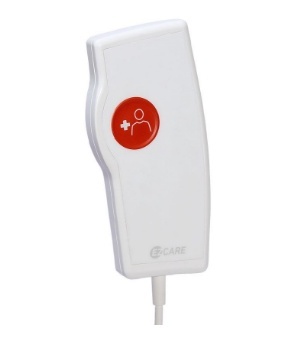 Comando branco com botão vermelho e ícone de pessoa e cruz