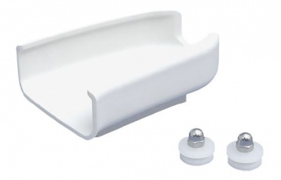 Suporte branco com dois acessórios metálicos pequenos, fundo branco