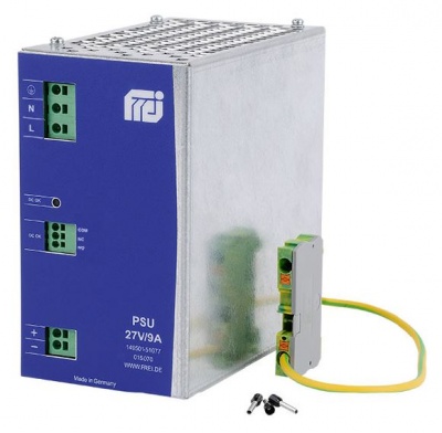 Fonte de alimentação industrial metálica com conectores e acessório com fio amarelo