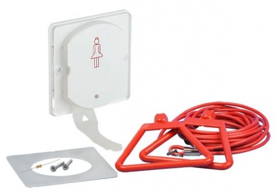 Conjunto dispositivo branco com ícone feminino, triângulos vermelhos e cabo enrolado