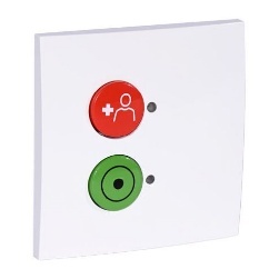 Interruptor quadrado branco com botões redondo vermelho e verde com ícones