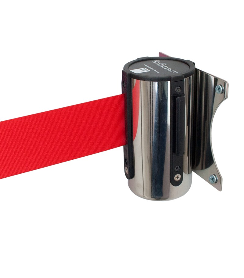 Barreira Delimitação p/ Parede | CROMADA Dispositivo de parede cromado com fita retrátil vermelha e texto 'LOK- LOCK' e '7m' no topo