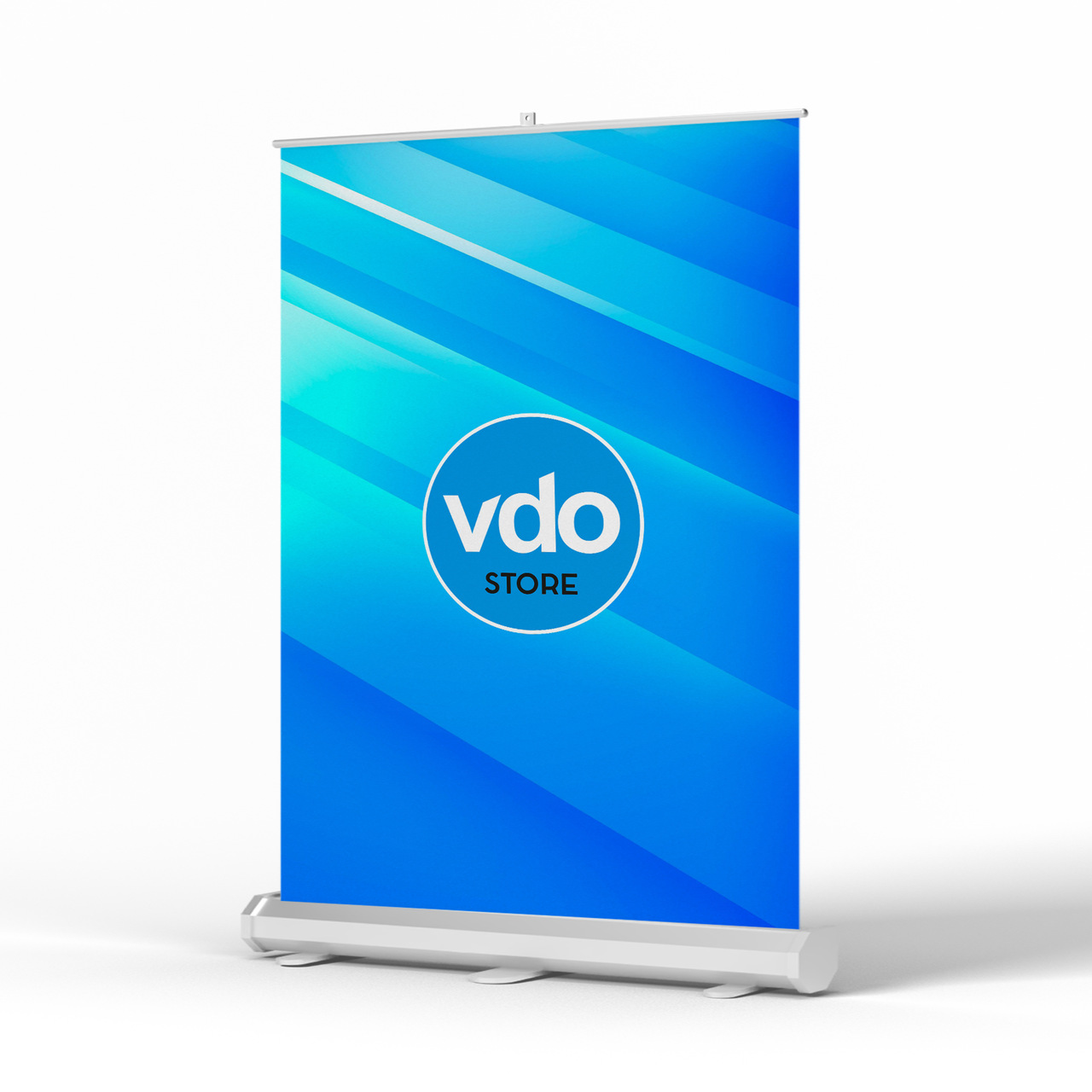 Roll-UP | 150x200cm Banner azul com texto 'vdo STORE' em suporte de enrolar