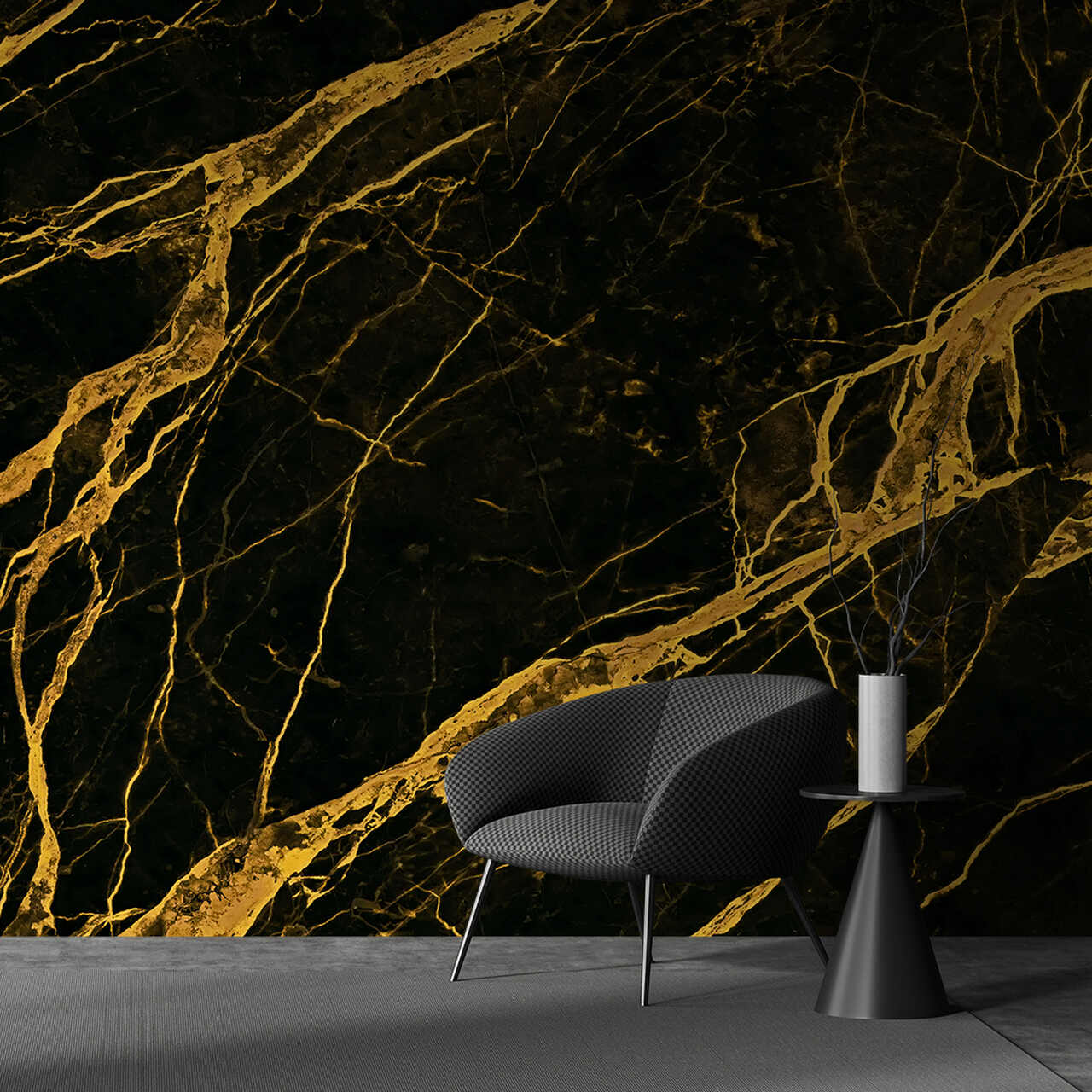 014 Cadeira cinzenta moderno com mesa preta e parede de mármore preto e dourado