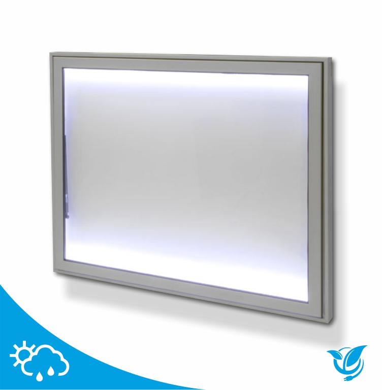 Vitrine | Luz LED | Exterior Painel luminoso retangular com moldura cinzenta e iluminação branca