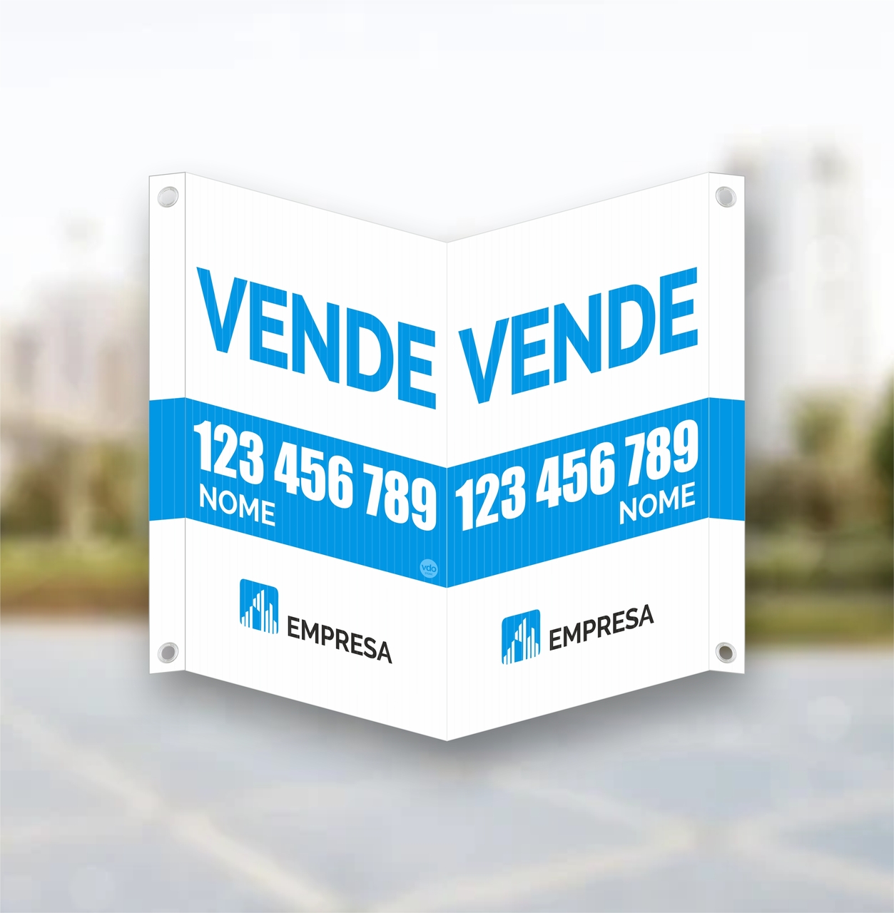 Placa Imobiliária | Triangular | VENDE 100x70cm Placa publicitária branca com texto azul 'VENDE VENDE' e contactos